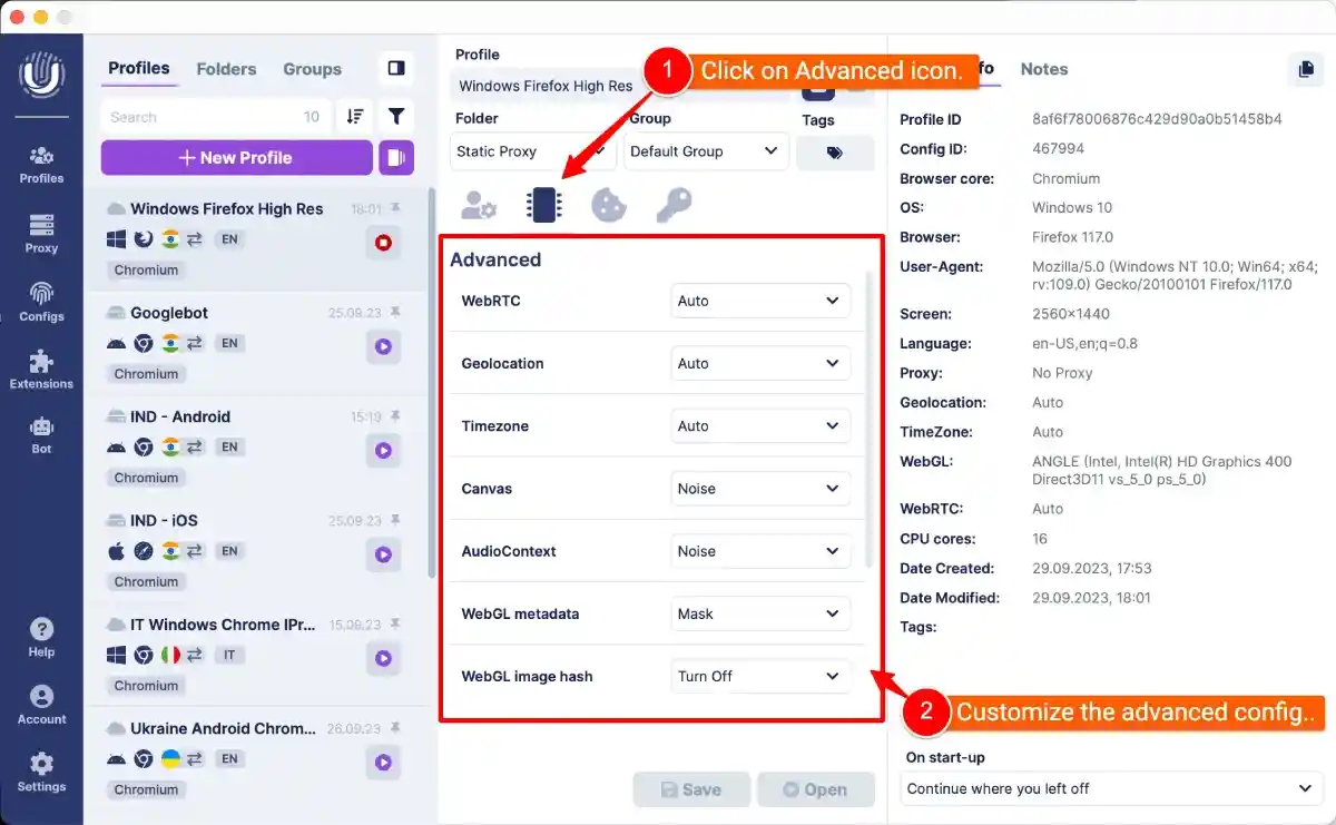 Advanced configuration in Undetectable browser