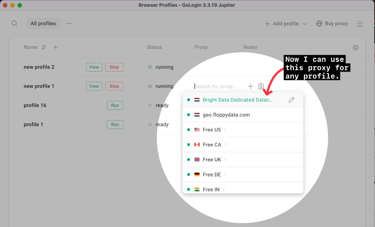 Choosing the proxy for GoLogin profile