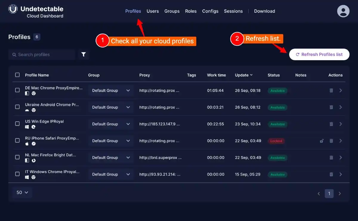 Cloud dashboard Anti detect browser profiles