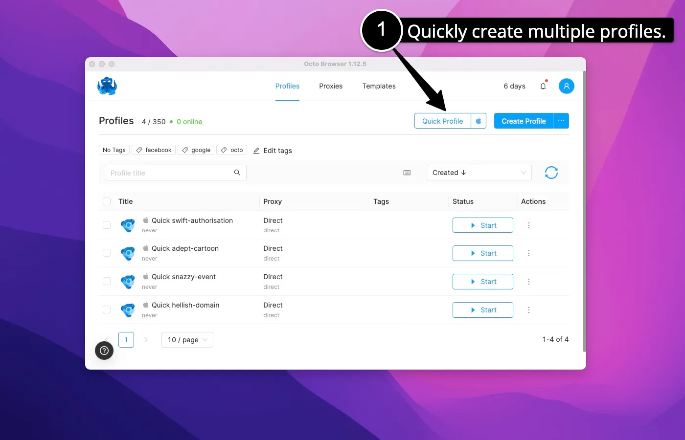 Creating multiple profiles in Octobrowser