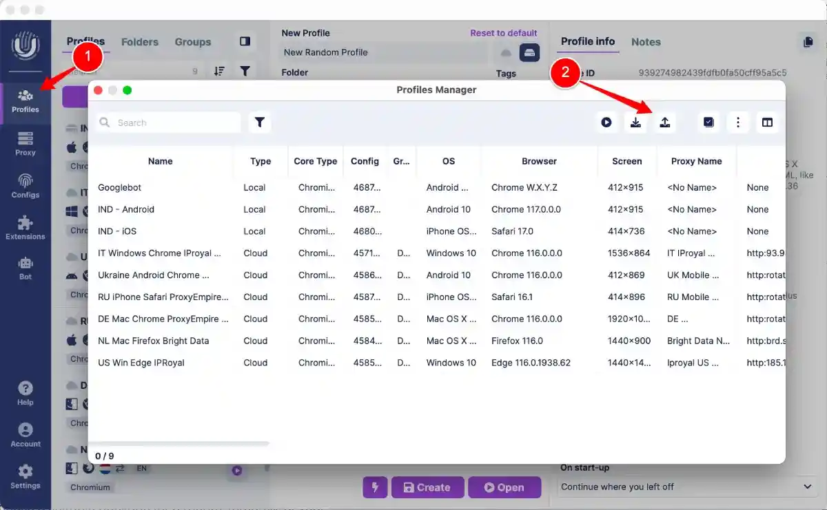 Export browser profiles in Undetectable