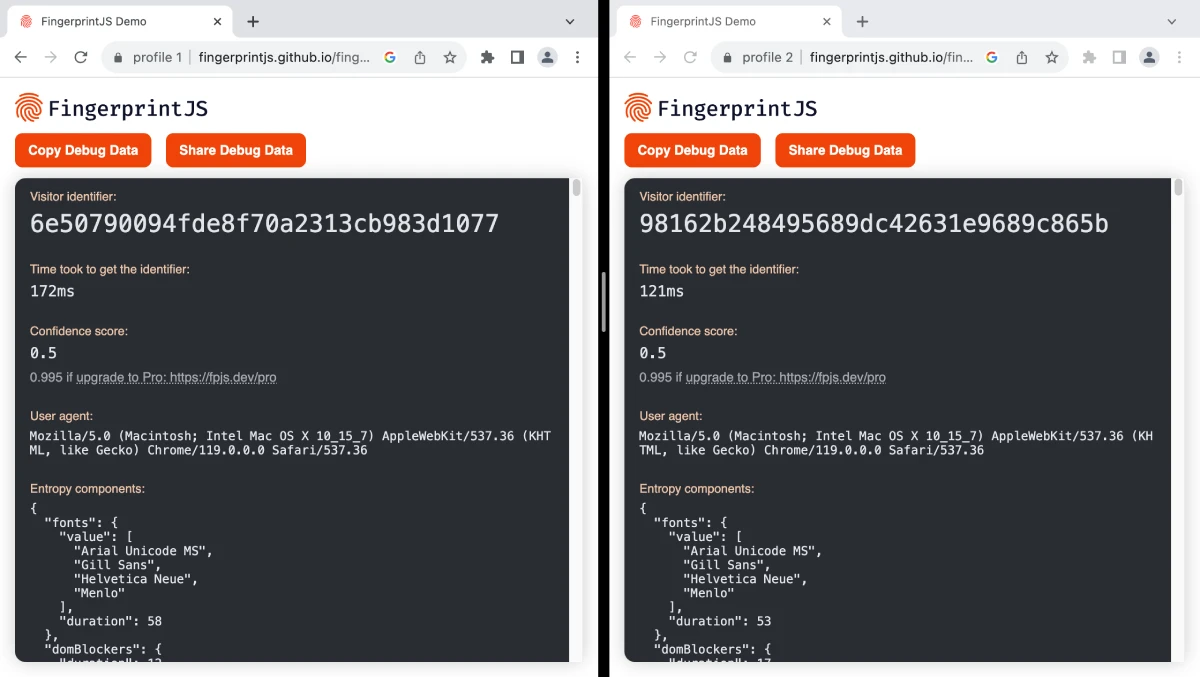 FingerprintJS test on GoLogin profiles