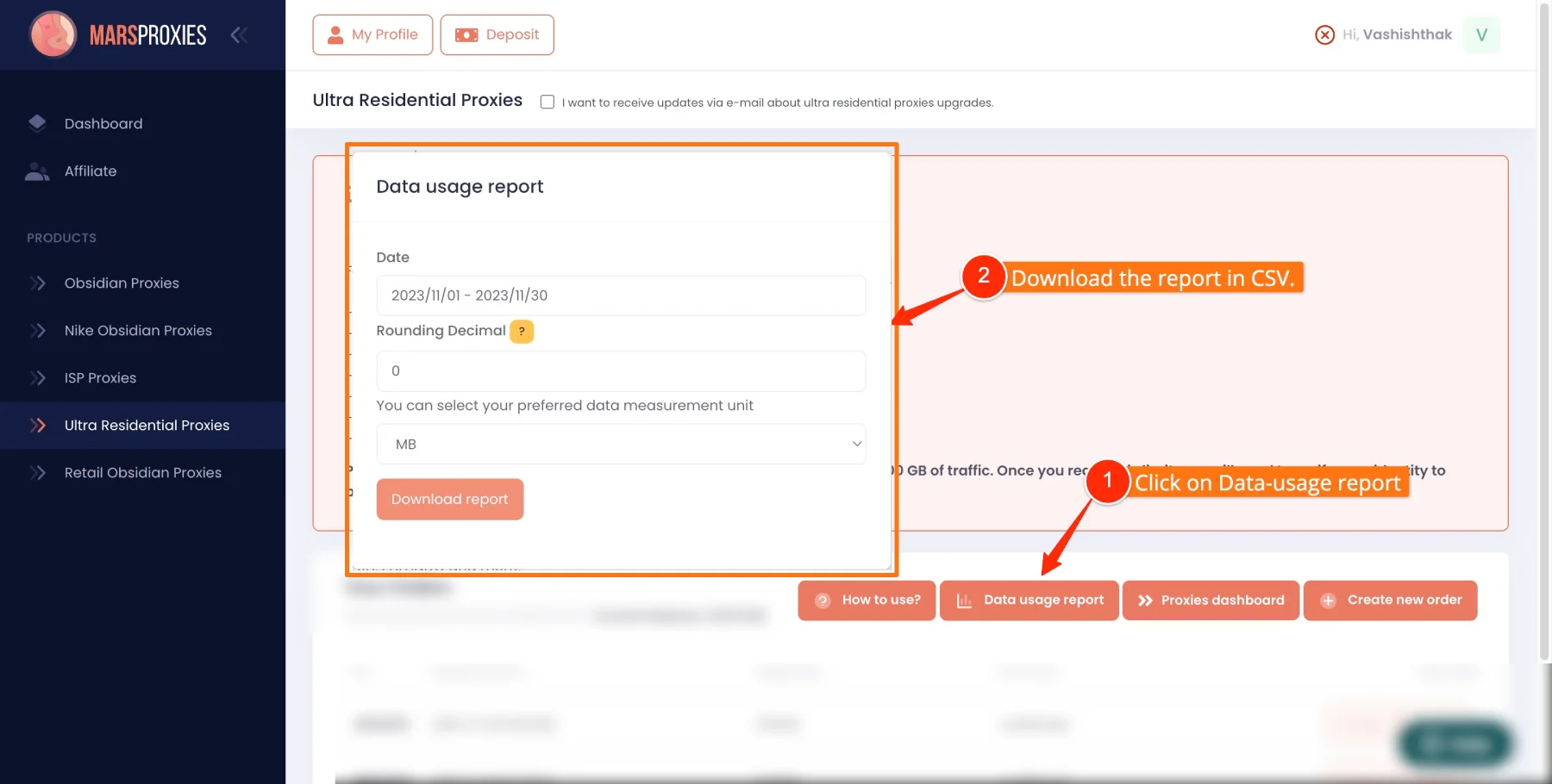 How to download Traffic usage report in MarsProxies