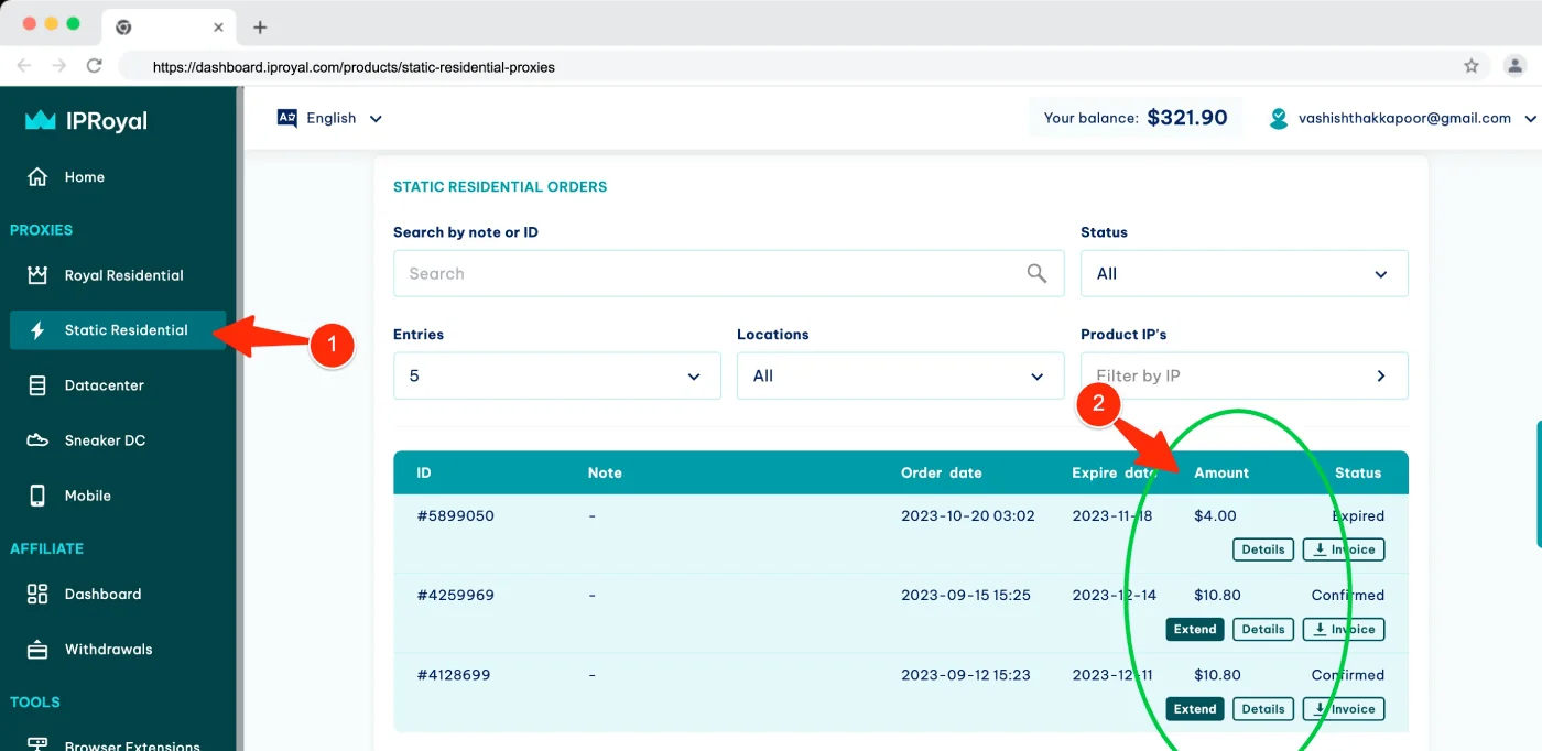 IPRoyal proxy orders list