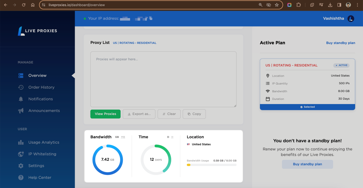 Live Proxies dashboard proxy usage