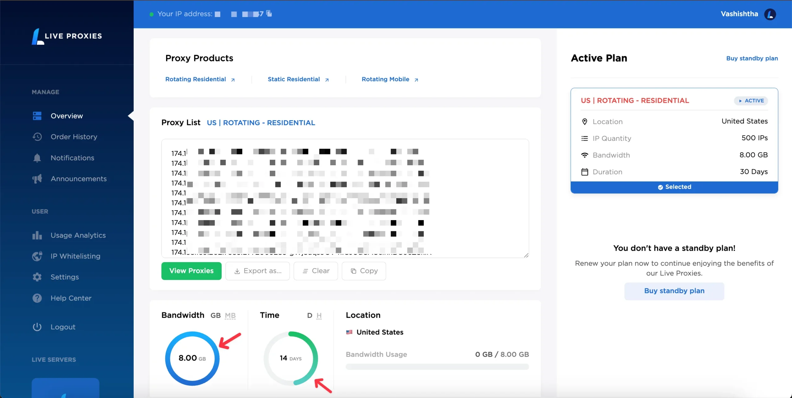 Live Proxies dashboard