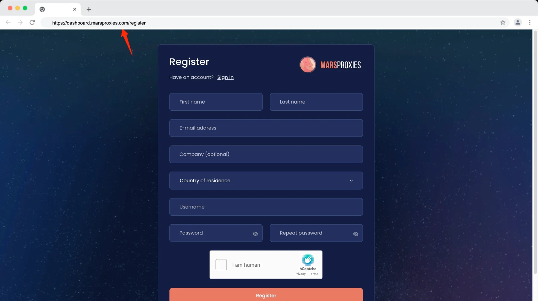 MarsProxies Signup page