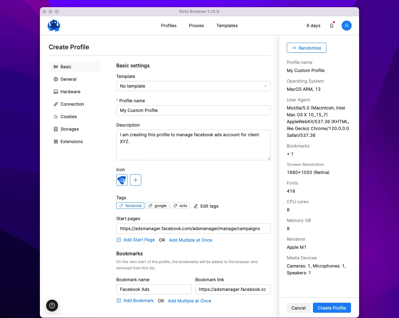 Octo Browser Profile Create Basic Settings