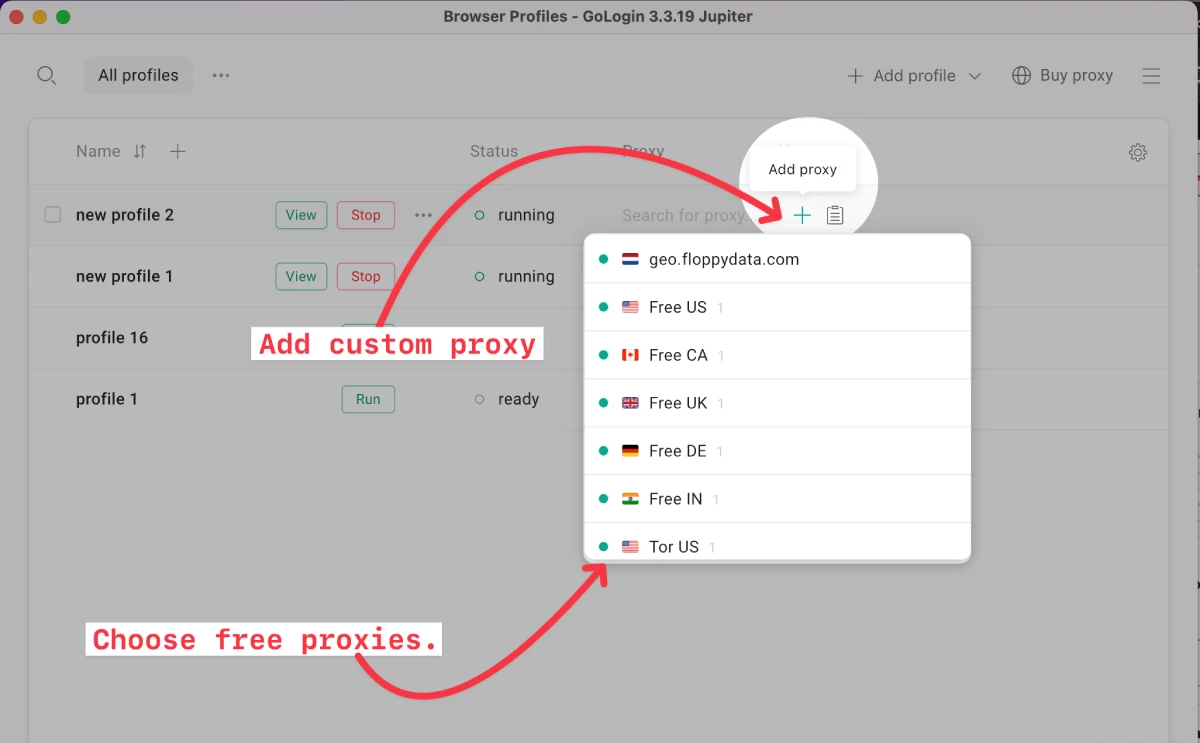 Two options to add proxy in GoLogin Profile