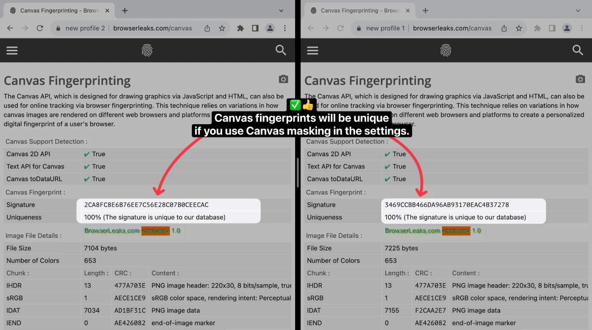 Unique Canvas Fingerprints in two different profiles GoLogin