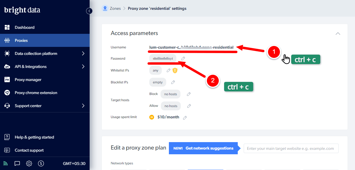 copy username for the residential proxy