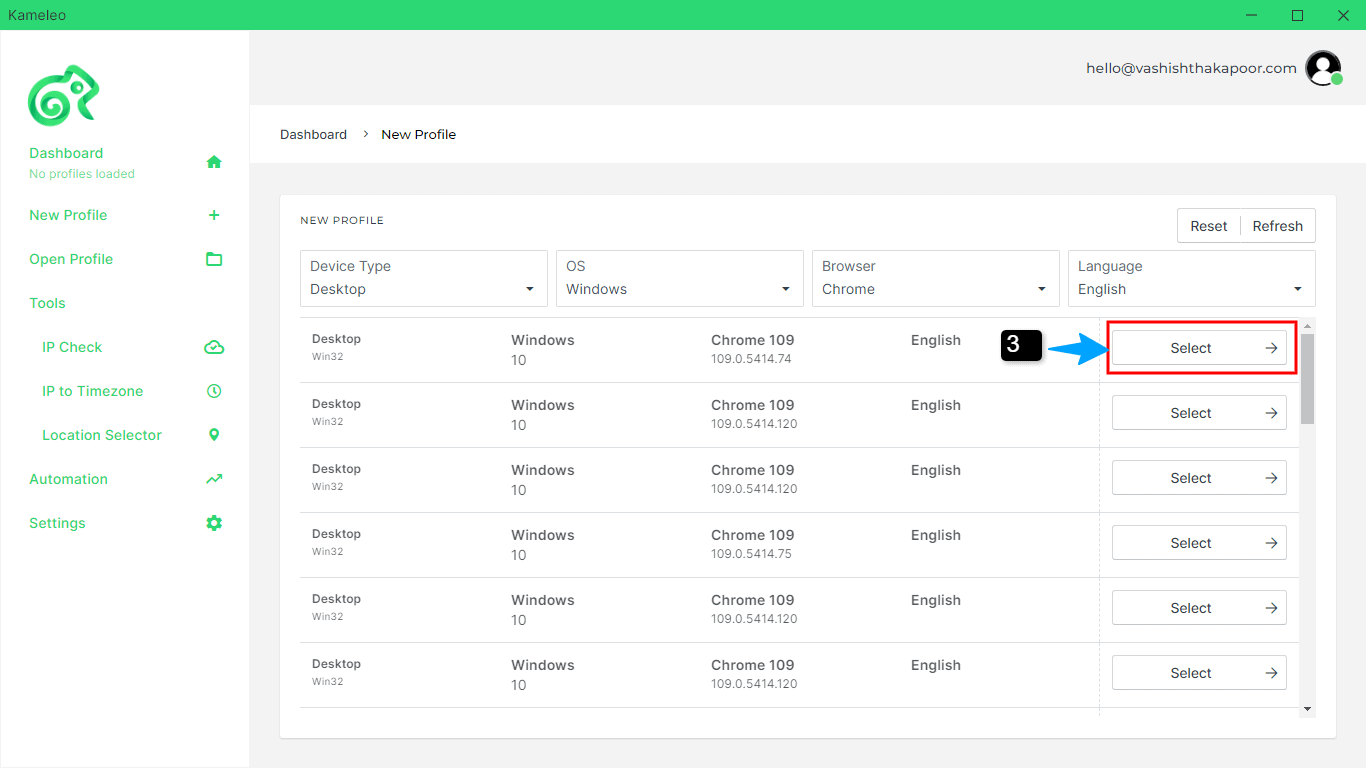 kameleo profile select