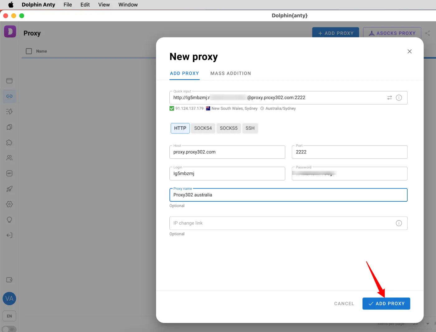 Add proxy302 Proxy in Dolphin Anty